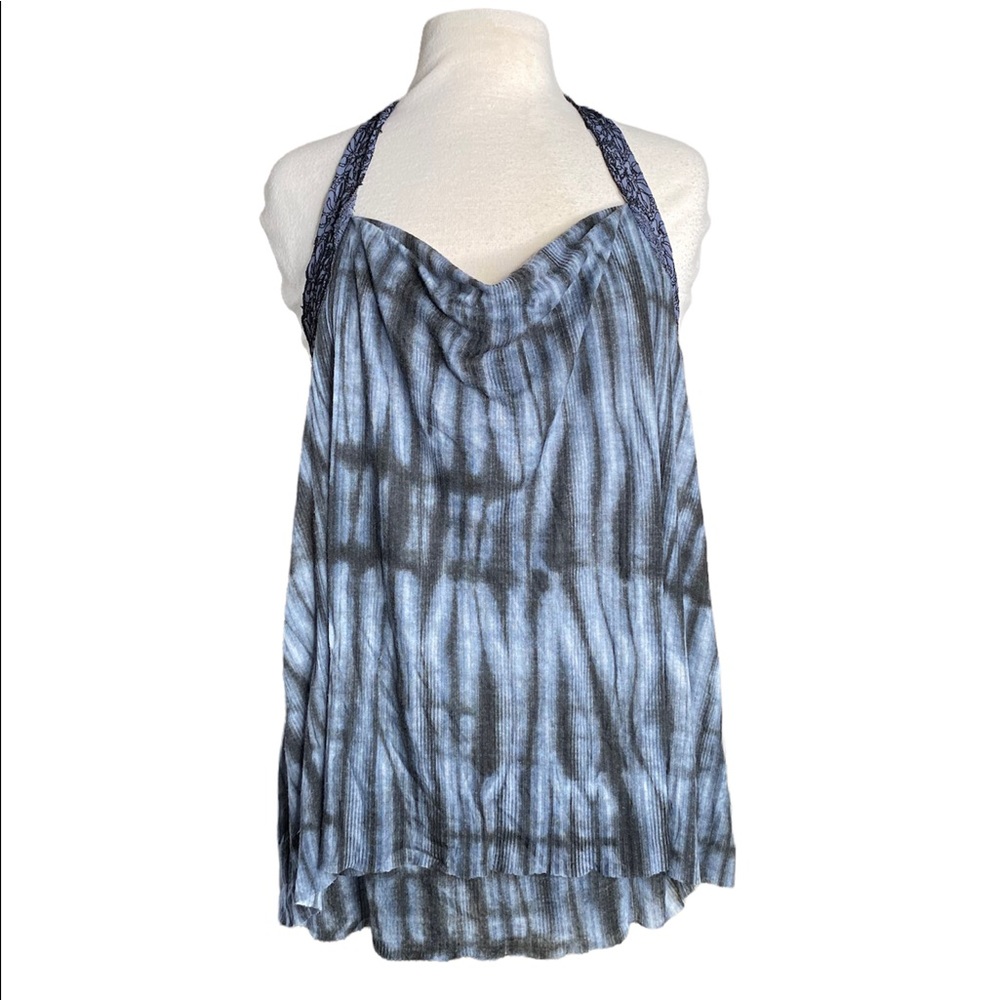 Free People halter top, layers of blues, lace trim & neck size:  Small
